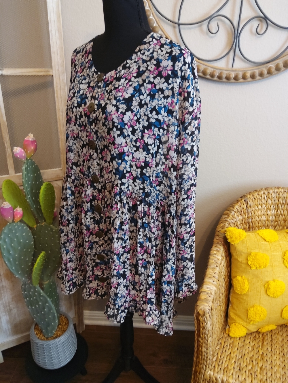 Terra & Sky Black Floral Button-Front Top with Pink & White Blossoms - Picture 10 of 12